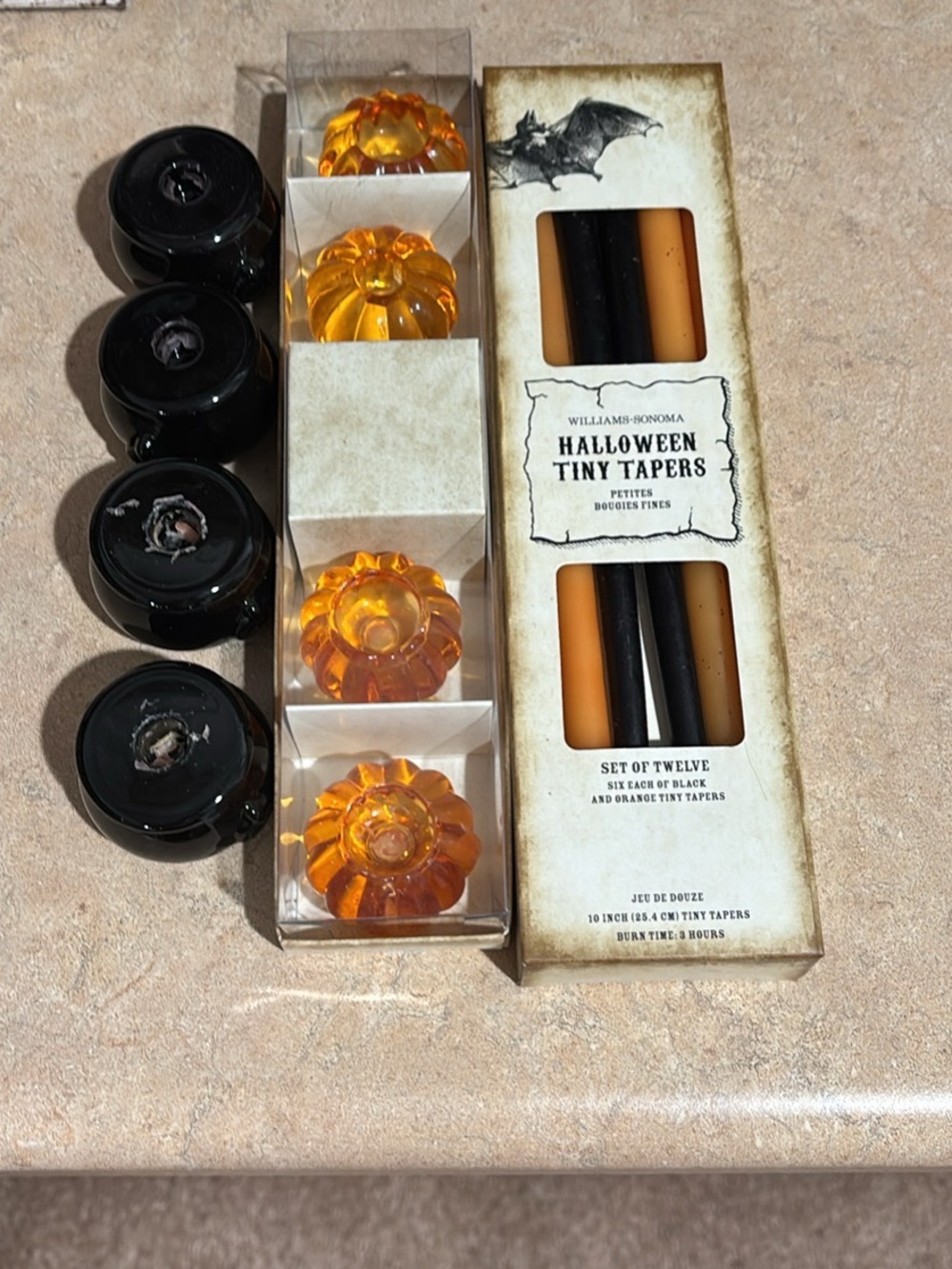 Williams Sonoma Tiny Halloween Tapers & Pumpkin Holders - Black and Orange
